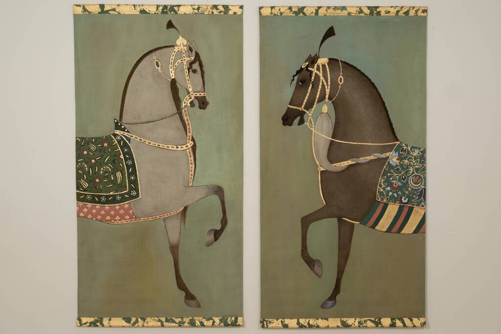 Painted canvas featuring a brown-coated Indian horse in profile. Contemporary.