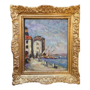 Tableau ancien , paysage de bord