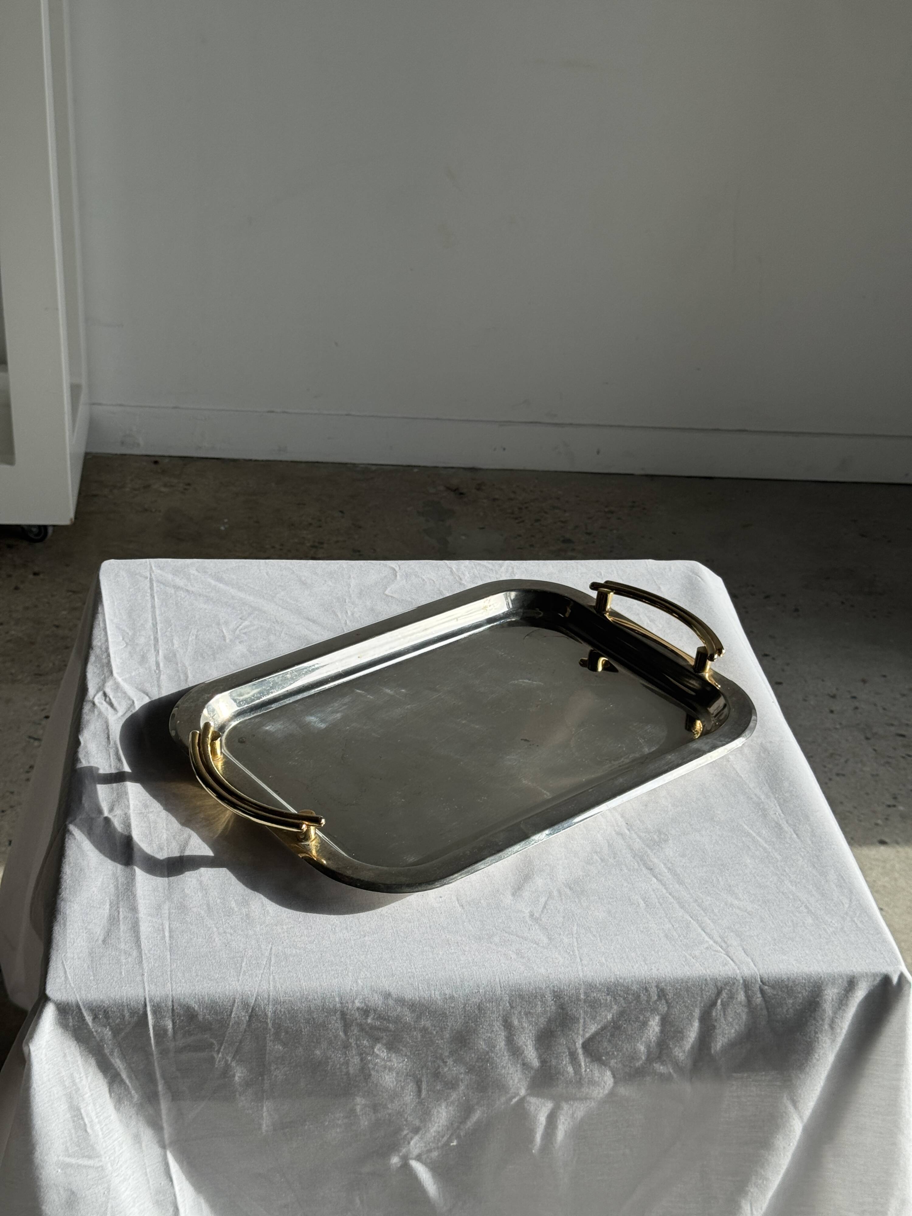 Silver-plated vintage tray with golden handles 29x45
