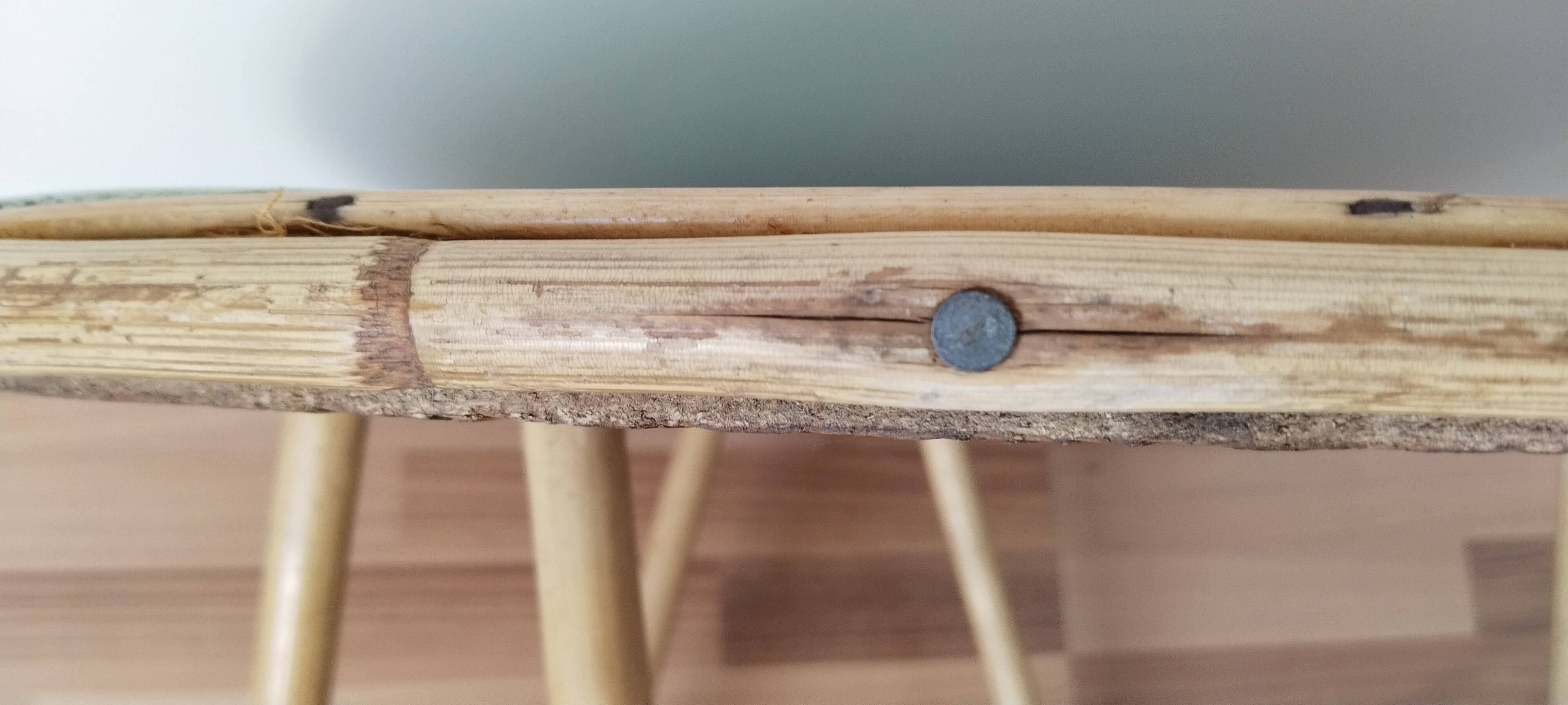 Vintage round rattan table, desk, tripod legs