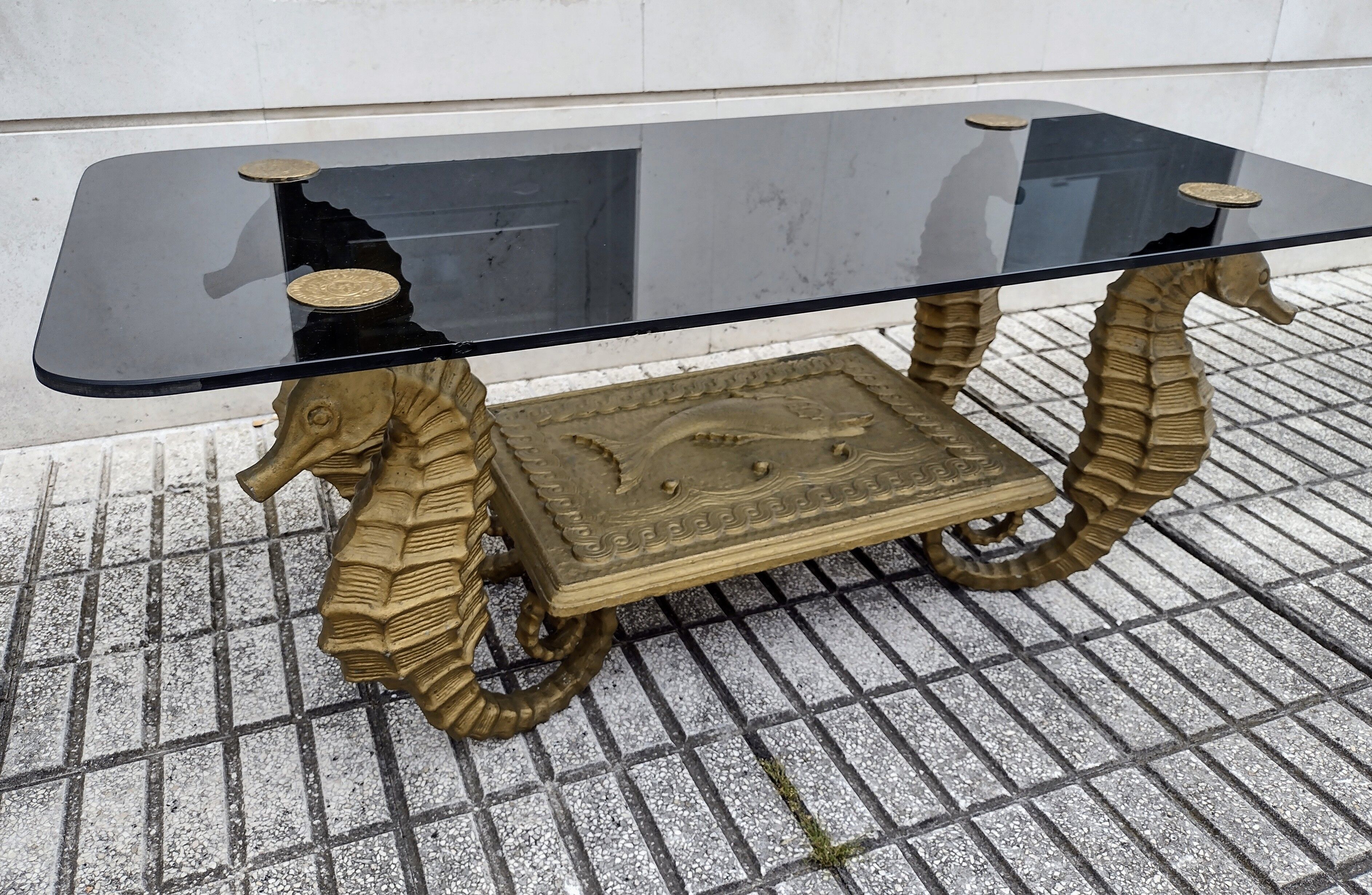 Gilt metal Seahorse coffee table with smoked glass