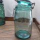 Old jar La Lorraine and The ideal in thick glass light green and dark green