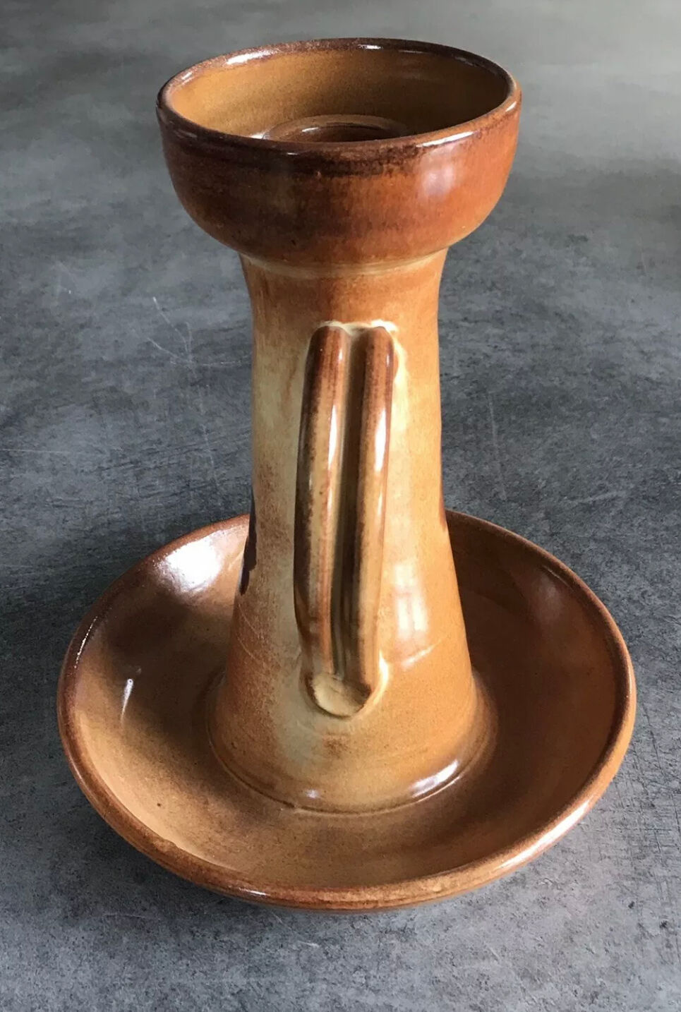 Vintage candle holder in glazed terracotta floral paint decoration