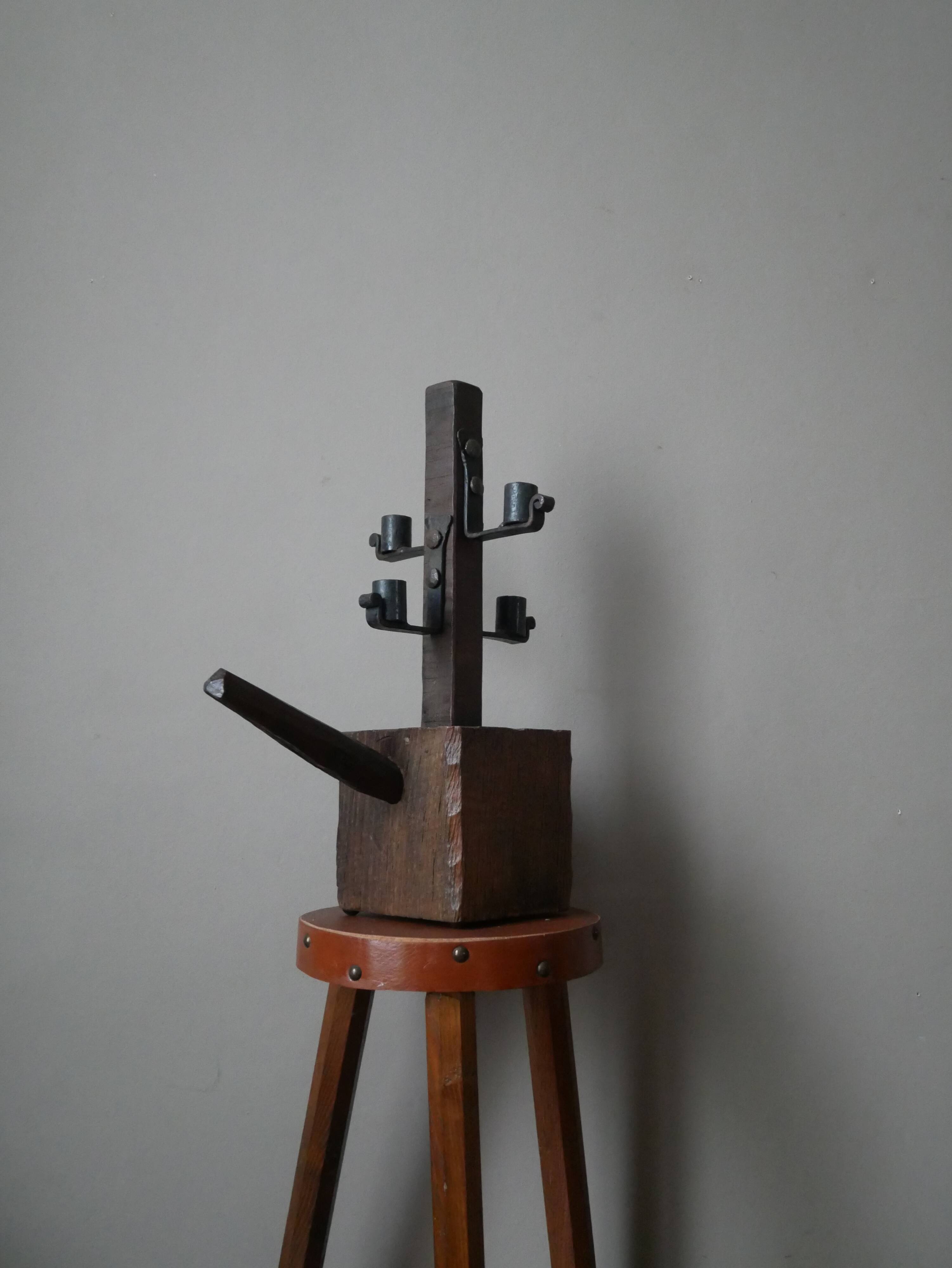 Candle holder wood wrought iron folk art decoration brutalist handmade countryside candlestick candelabra
