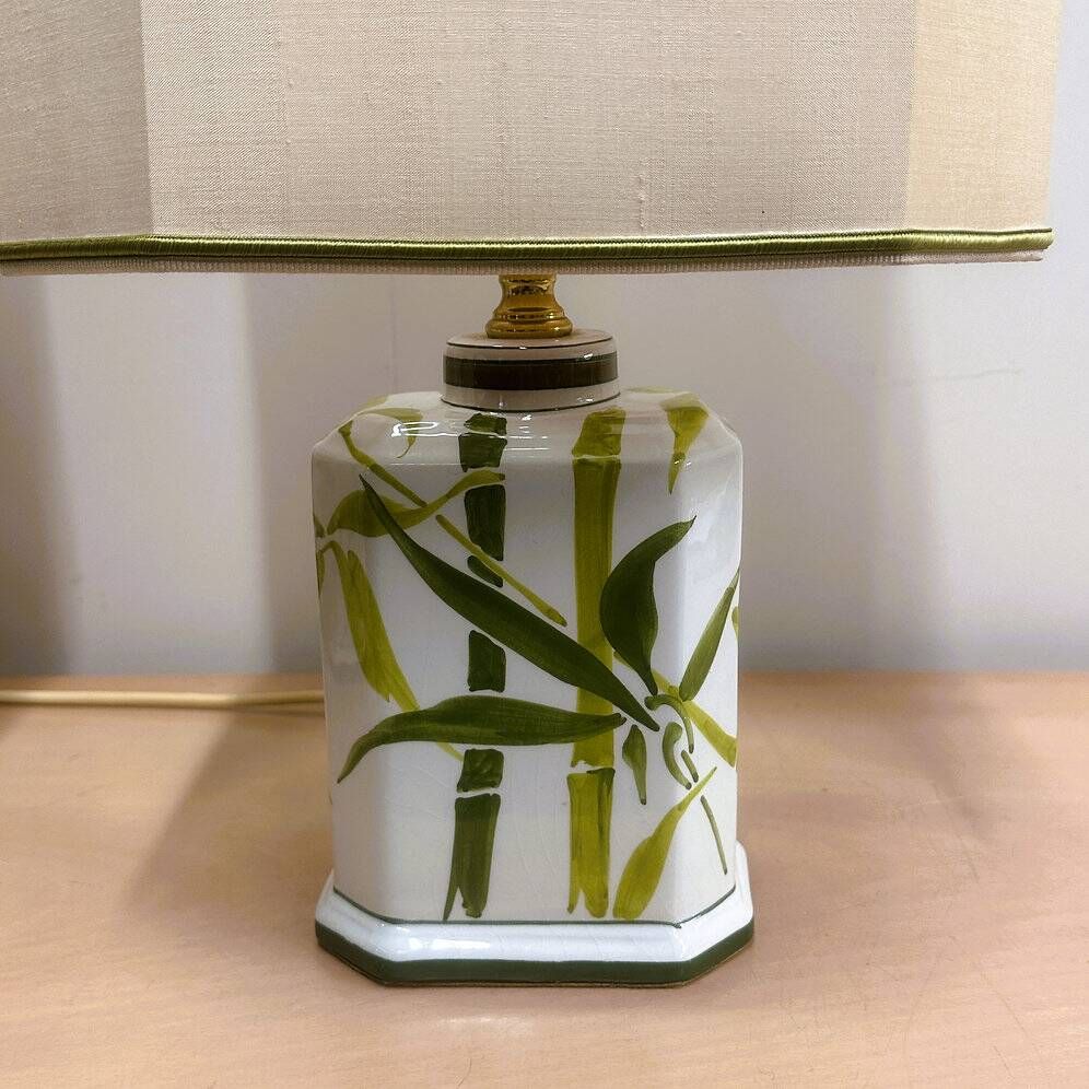 Pair of vintage bamboo ceramic table lamps with shades | Hand painted oriental style