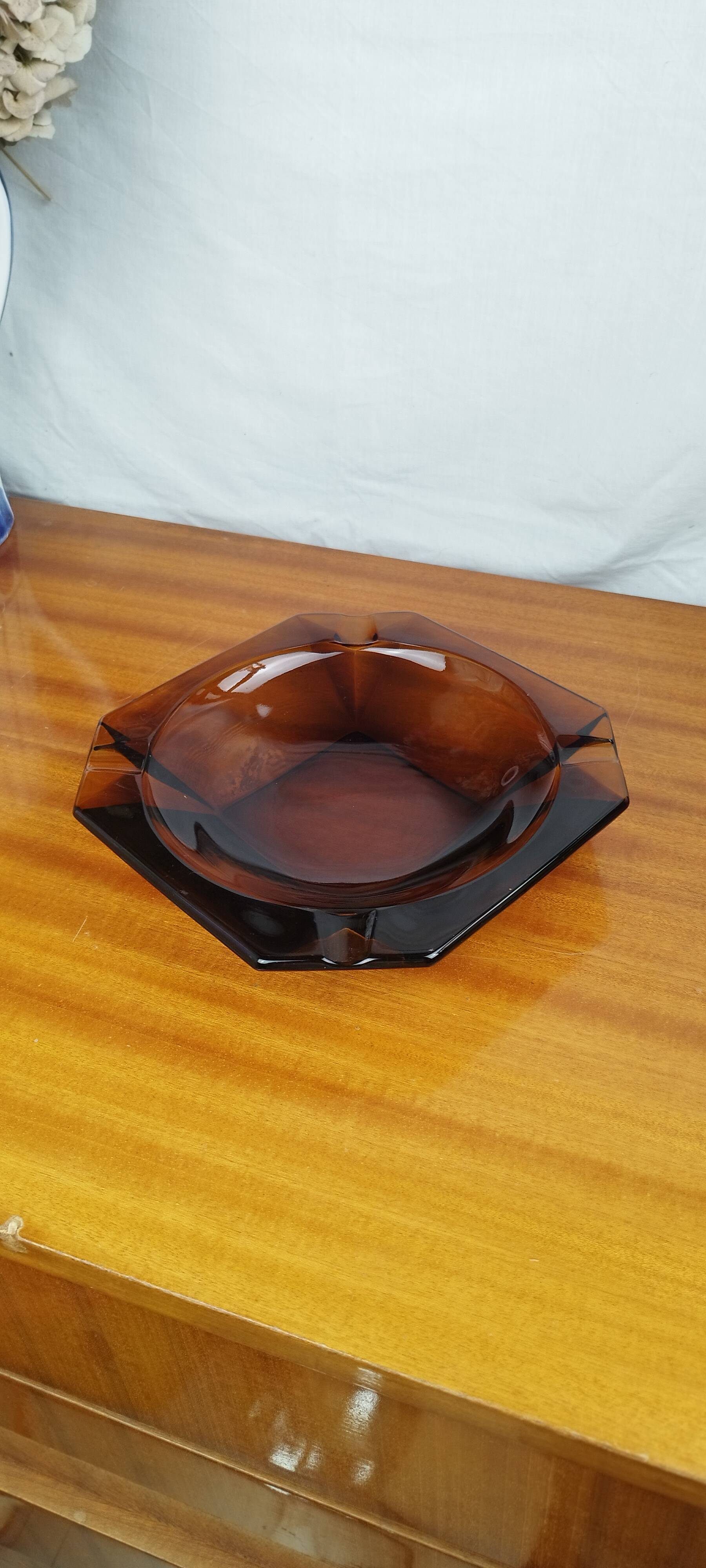 Large Geometric Amber Yellow Glass Ashtray Vintage Art Deco Style