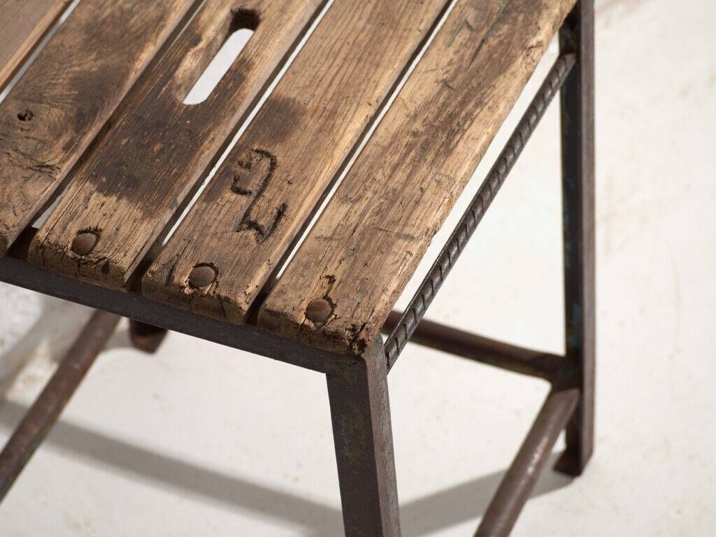 Vintage industrial stool made of pine wood and iron – Central Europe, around 1950