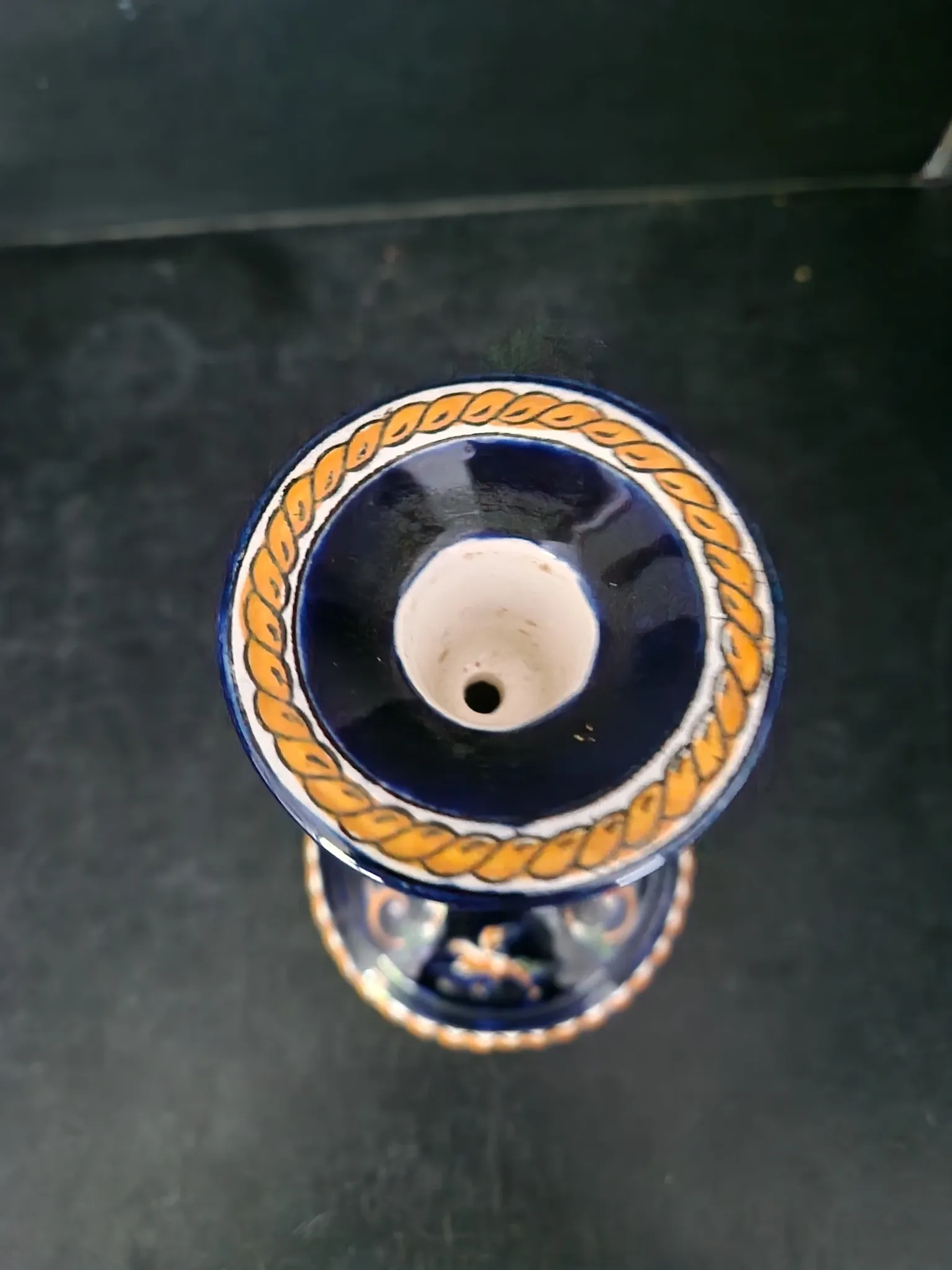 Antique candlestick Faïence from Gien - Renaissance Decor Blue Background - Painted