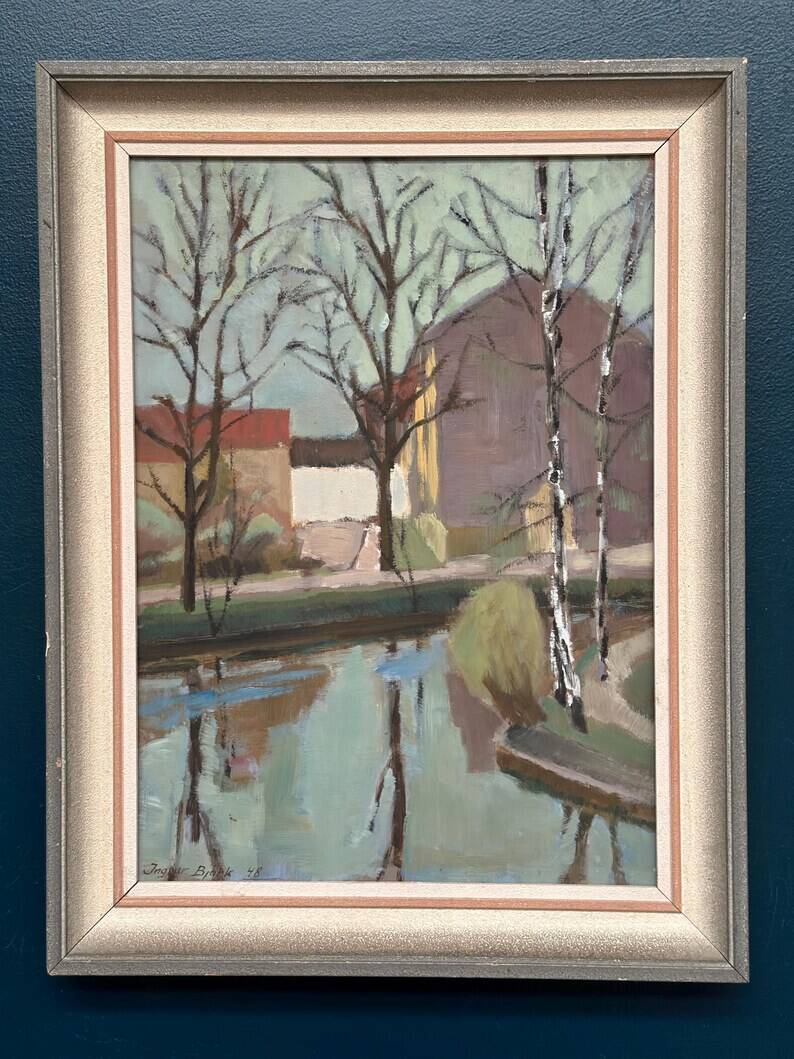 Original Swedish Oil on Canvas - "Landscape with Trees and Buildings" by Ingvar Björk - 1948 - Vintage - Framed - 62 × 48 cm (24.4" × 18.9")