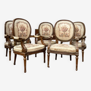 Suite of Five Armchairs with Back Medallion Louis XVI Style