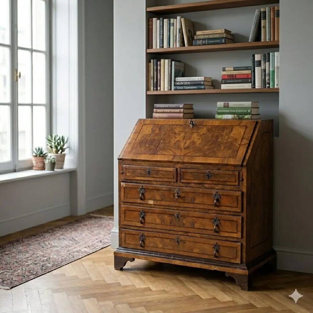 Antique walnut burr drop-leaf cabinet with 8 drawers, Italy, 18th century.