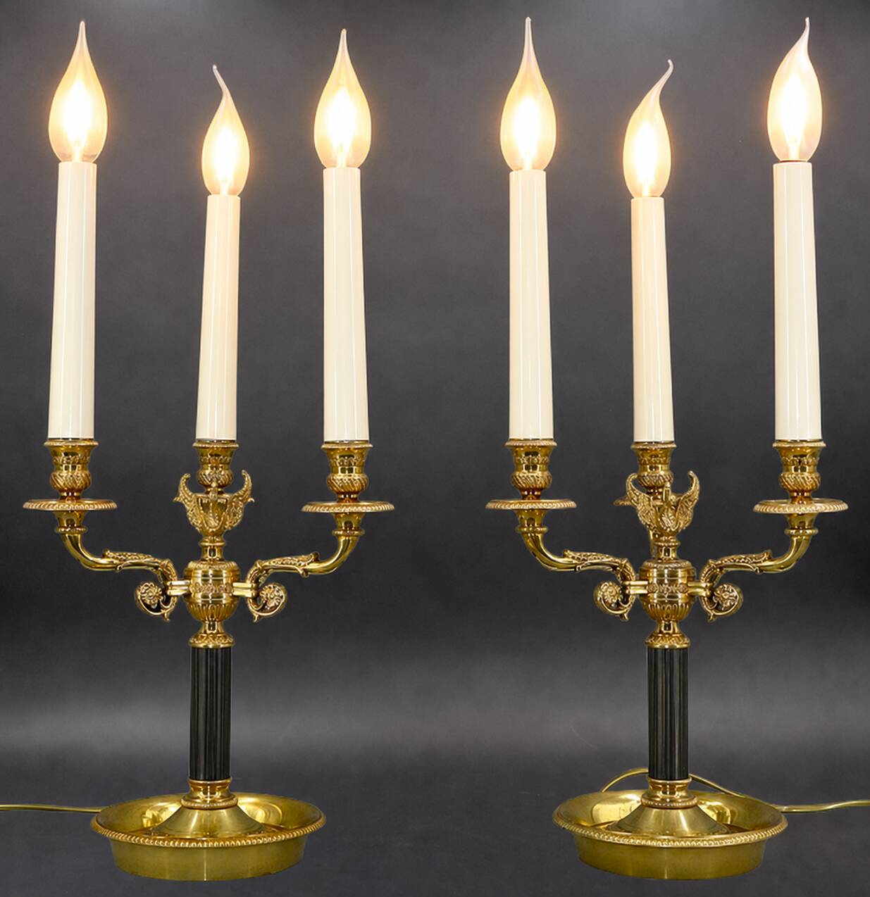 Pair of Chandeliers/Candelabra in Solid Bronze Empire Style Caramel Patina