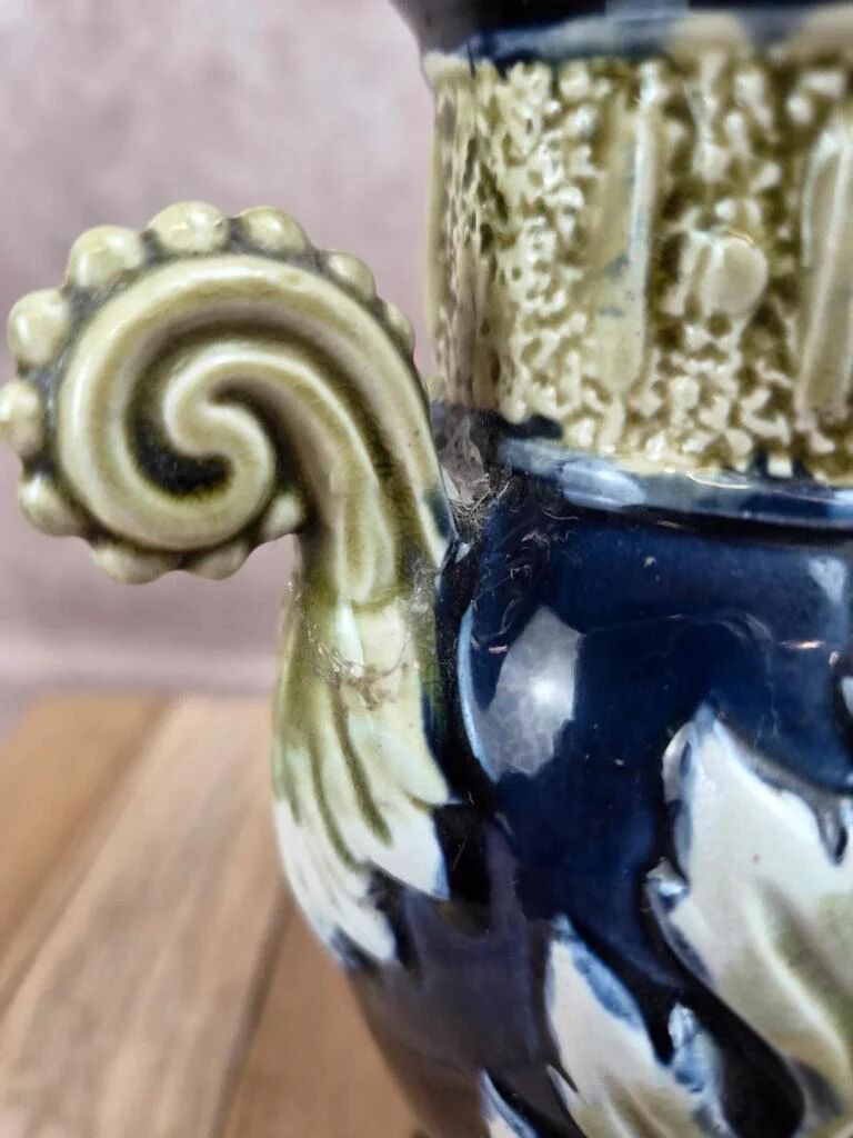 Gustave De Bruyne barbotine vase Fives Lille with an old floral decoration and stylised handles.