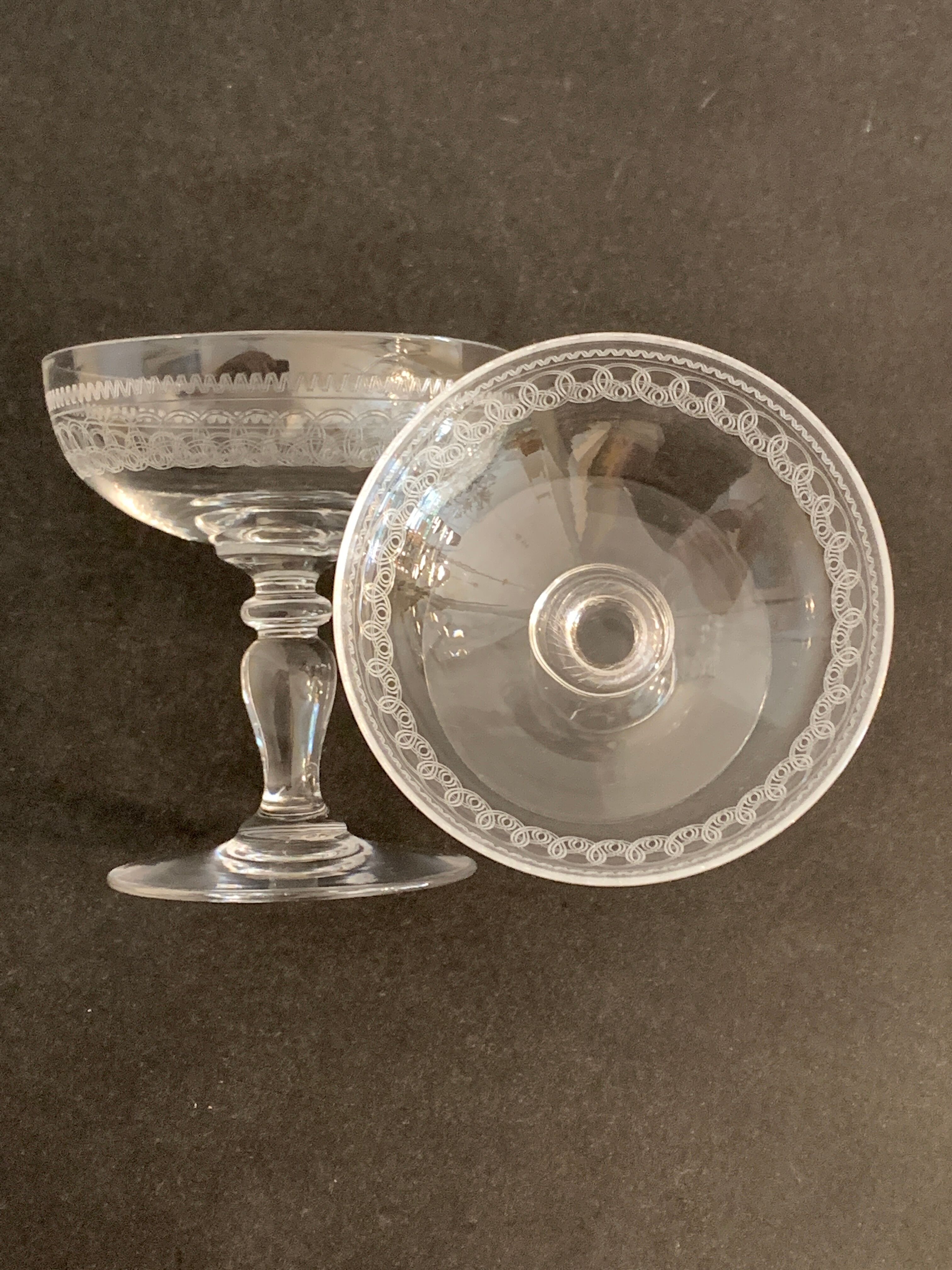 5 antique champagne glasses in engraved crystal