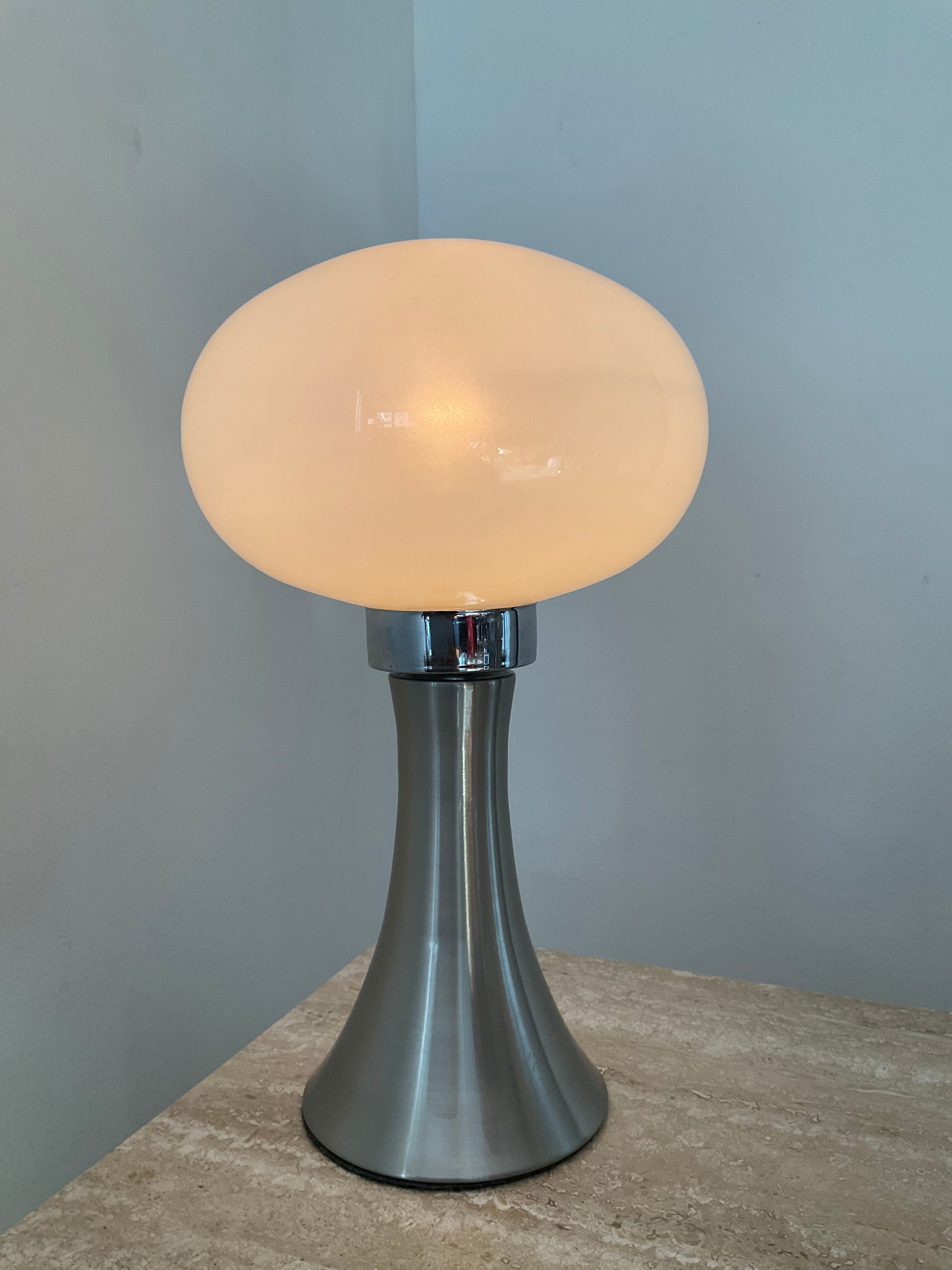 Pair of lamps mushroom opaline and chromed metal 80s