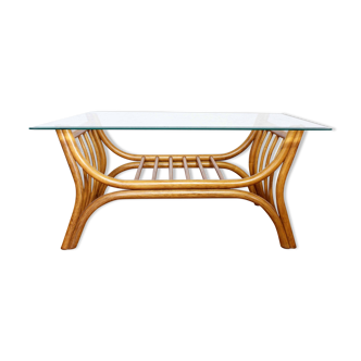 Table basse en rotin et verre, Italie 1970