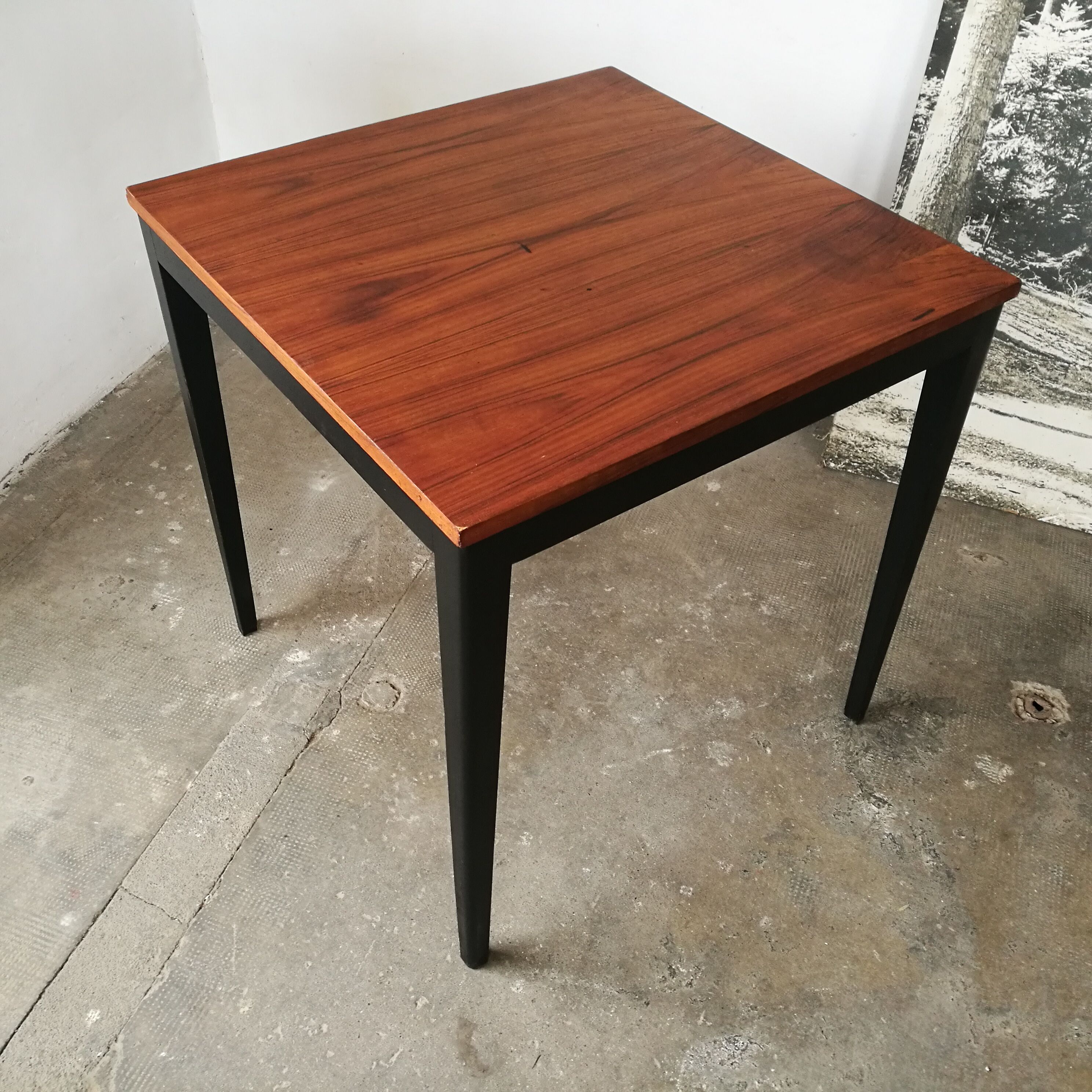 Scandinavian square table, spindle feet