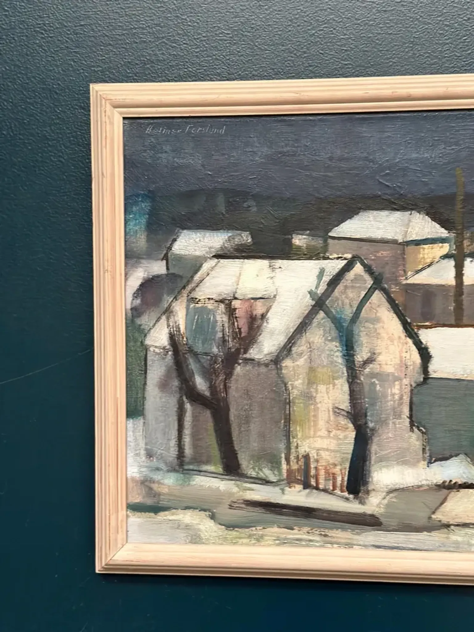 Original Swedish Oil on Canvas – "Winter Night in the City" by Helmer Forslund – Signed – Vintage and Framed – 45 × 37 cm (17.7" × 14.6")