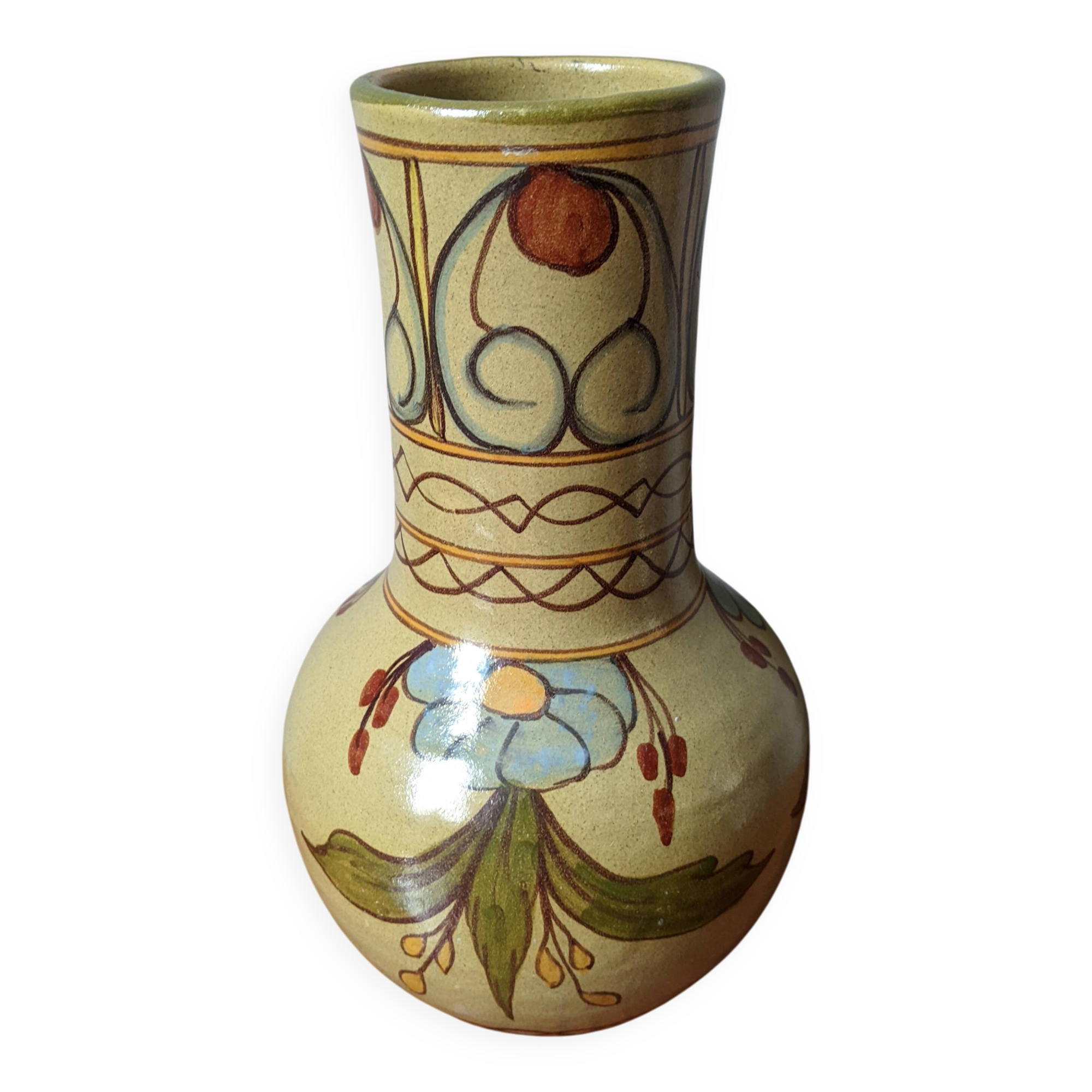 Handcrafted ceramic vase with floral decoration, Portuguese craftsmanship.