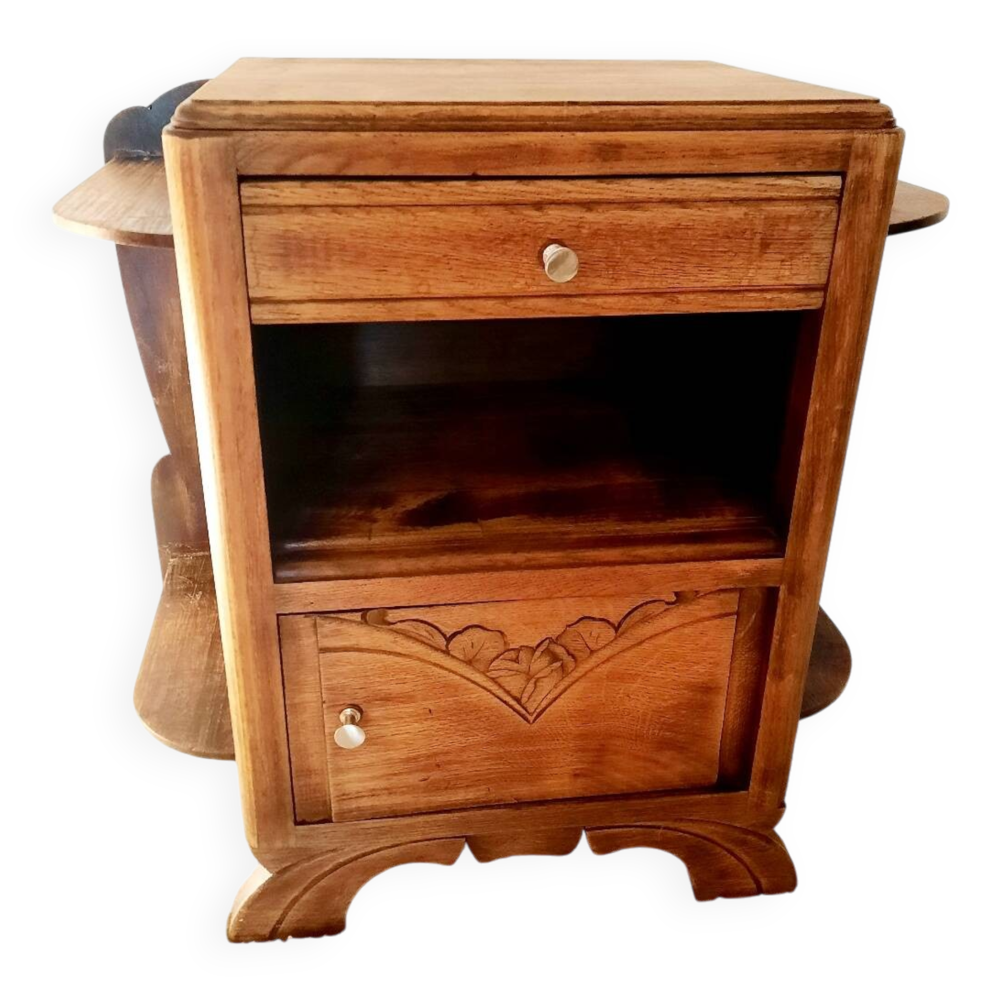 Antique Art Deco bedside table in raw wood