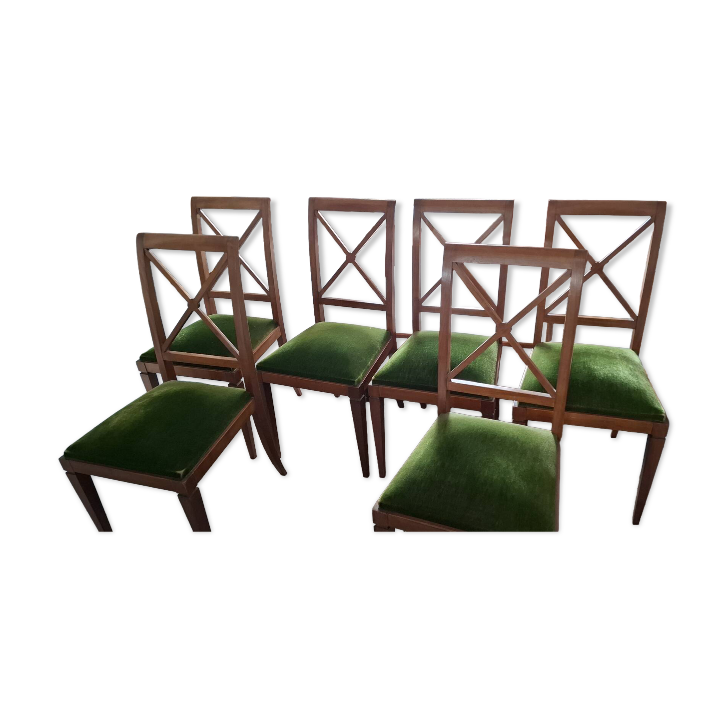 6 Chaises bois assise velours vert