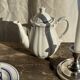 White earthenware teapot with blue and silver trim H22.5