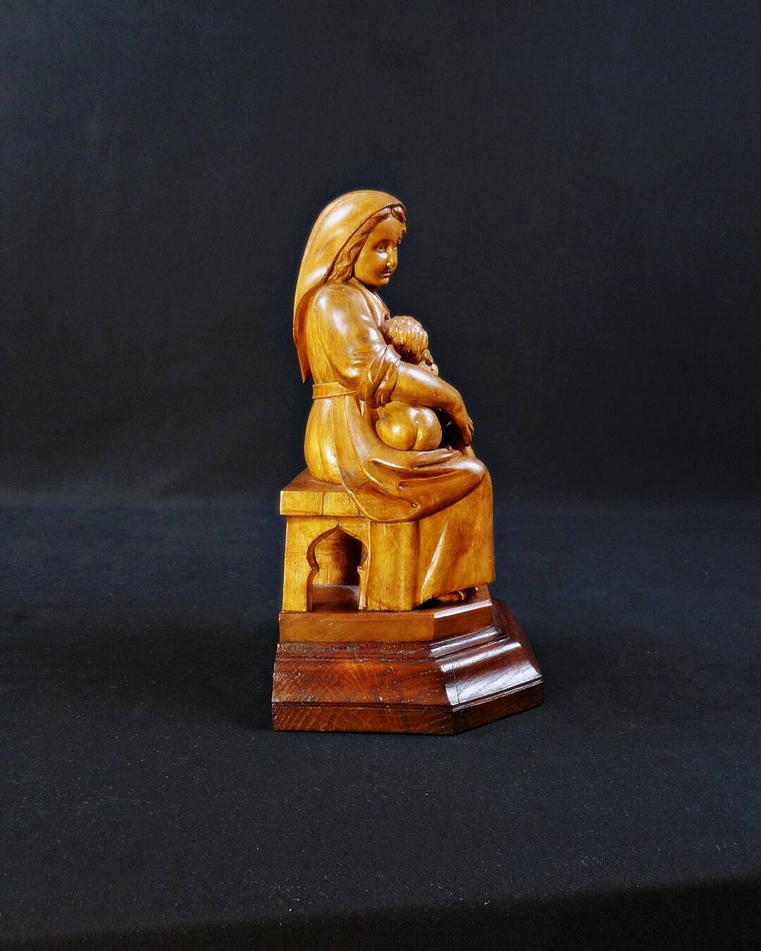 Virgin breastfeeding the Child Jesus and Saint John religious sculpture wood