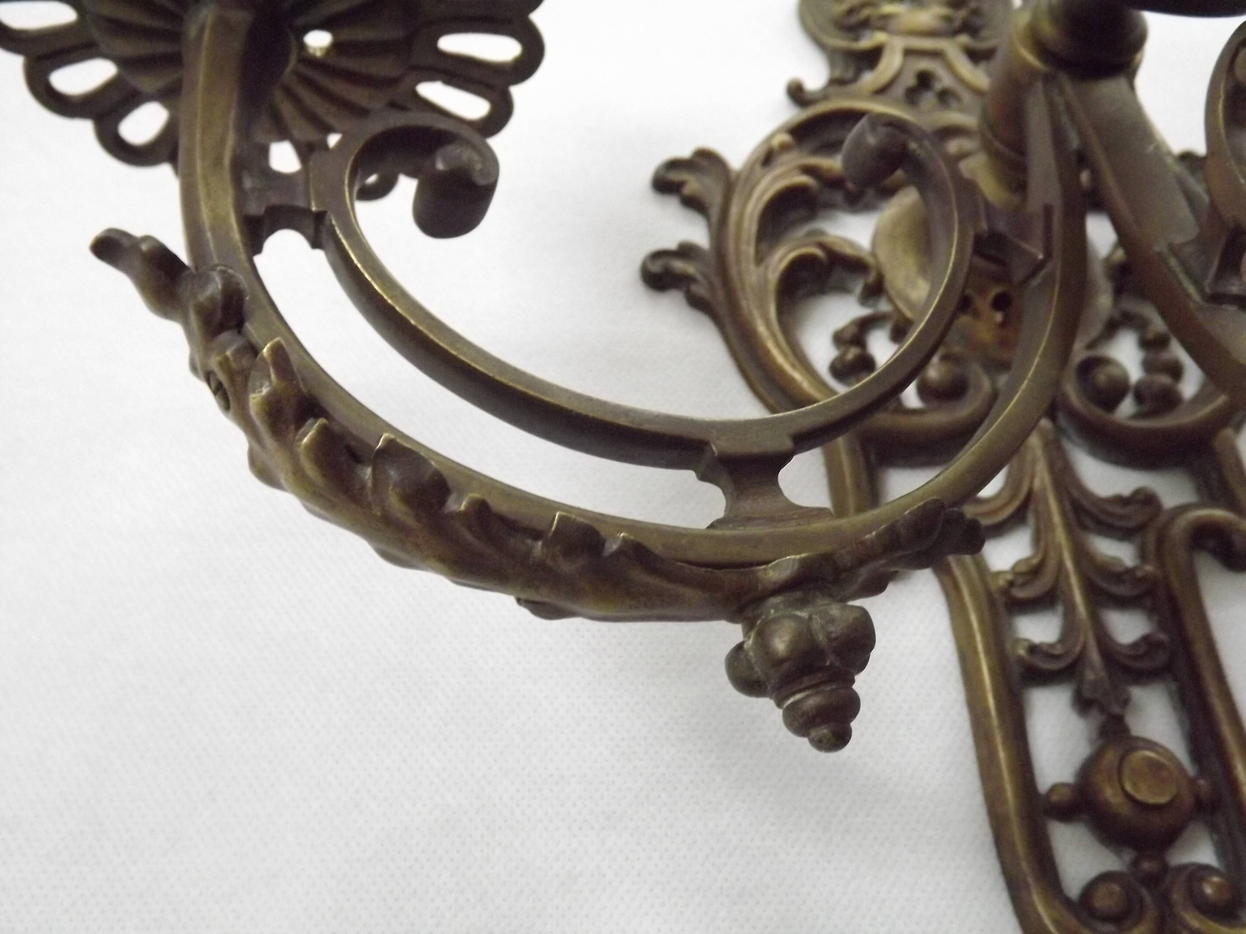 Pair of Heavy Victorian Bronze Triple Wall Sconces Griffin & Flower Detail