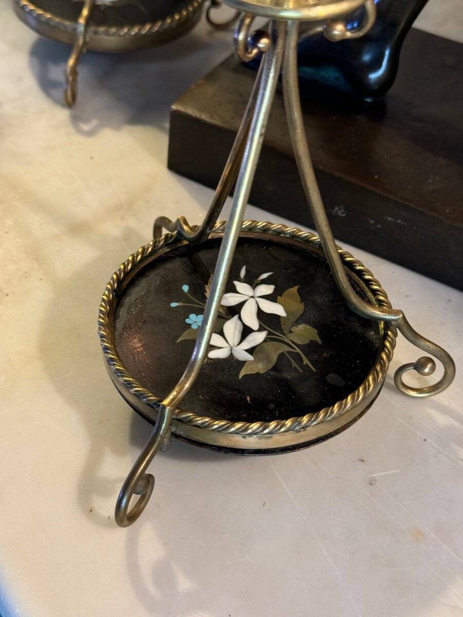 Pair of bronze candlesticks with pietra dura, marble marquetry, circa 1900.