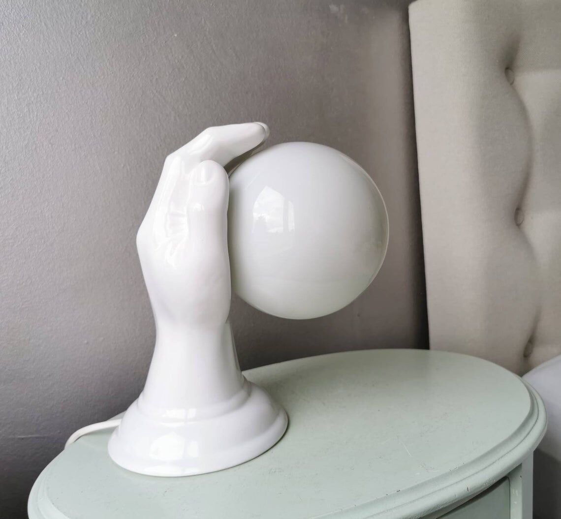 Hand-shaped ceramic wall lamp with 80s glass sphere