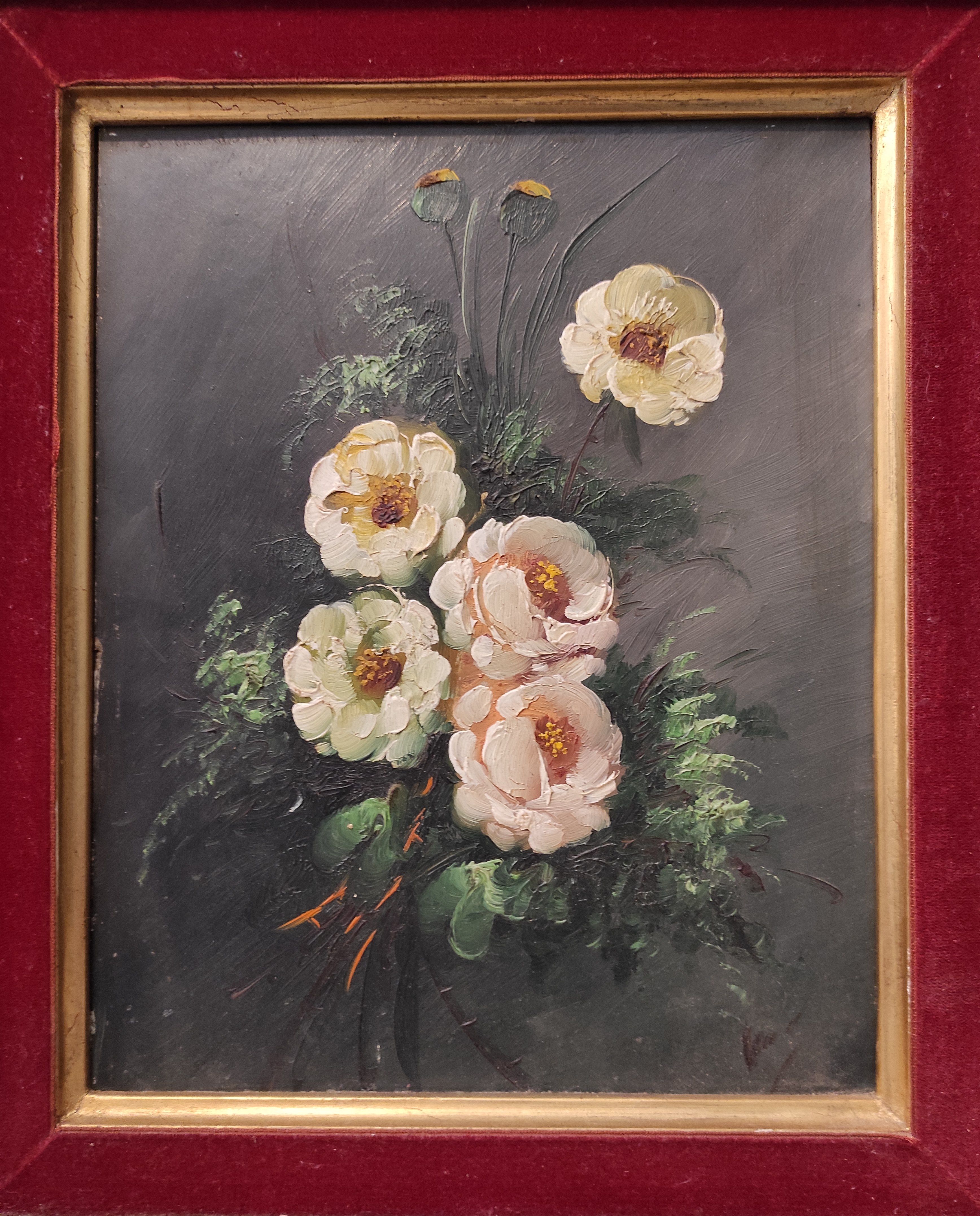 Vintage French oil painting of flowers, signed, on board
