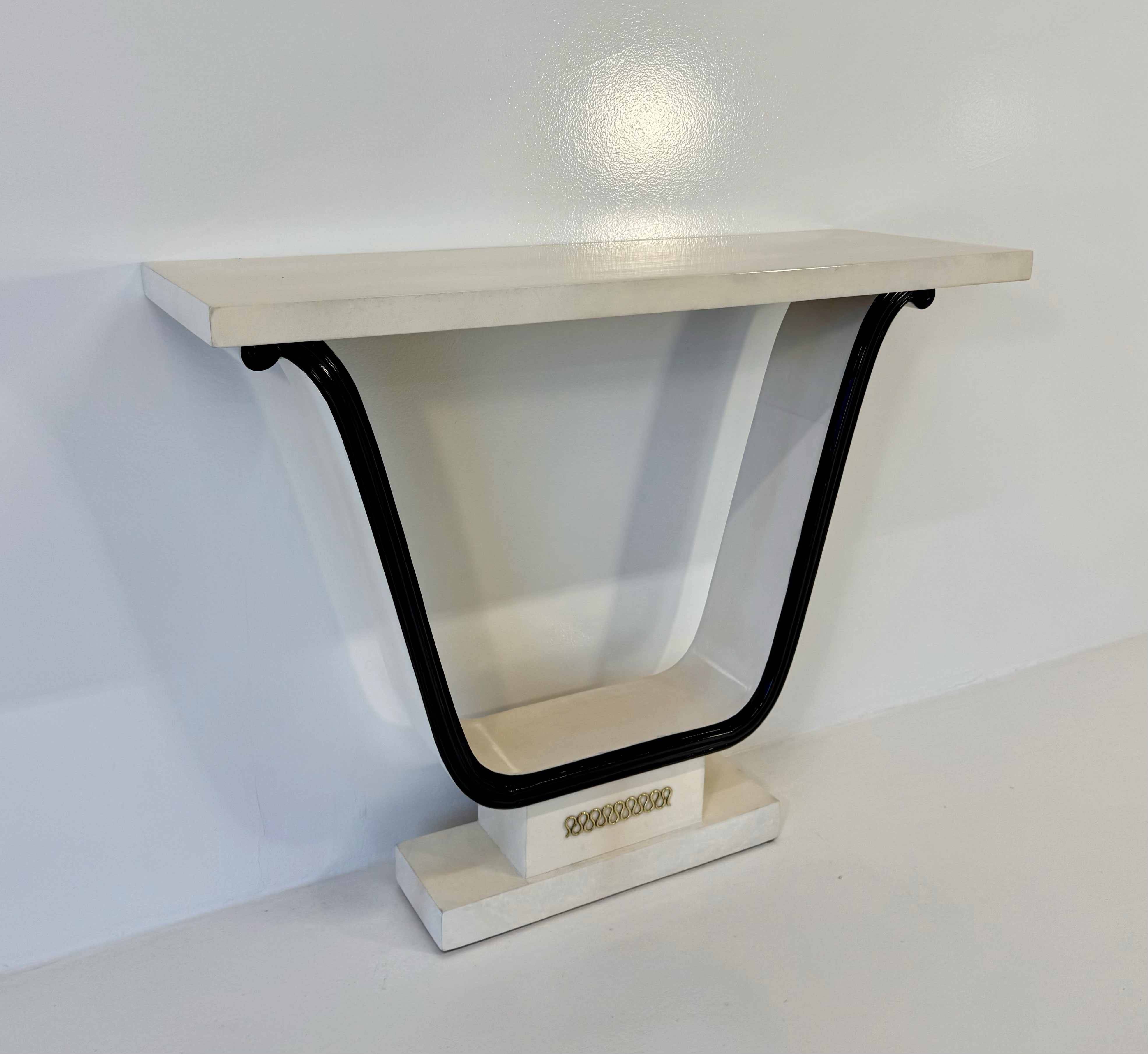 Italian Art Deco Parchment, Brass, Black Console, In the style of Borsani,