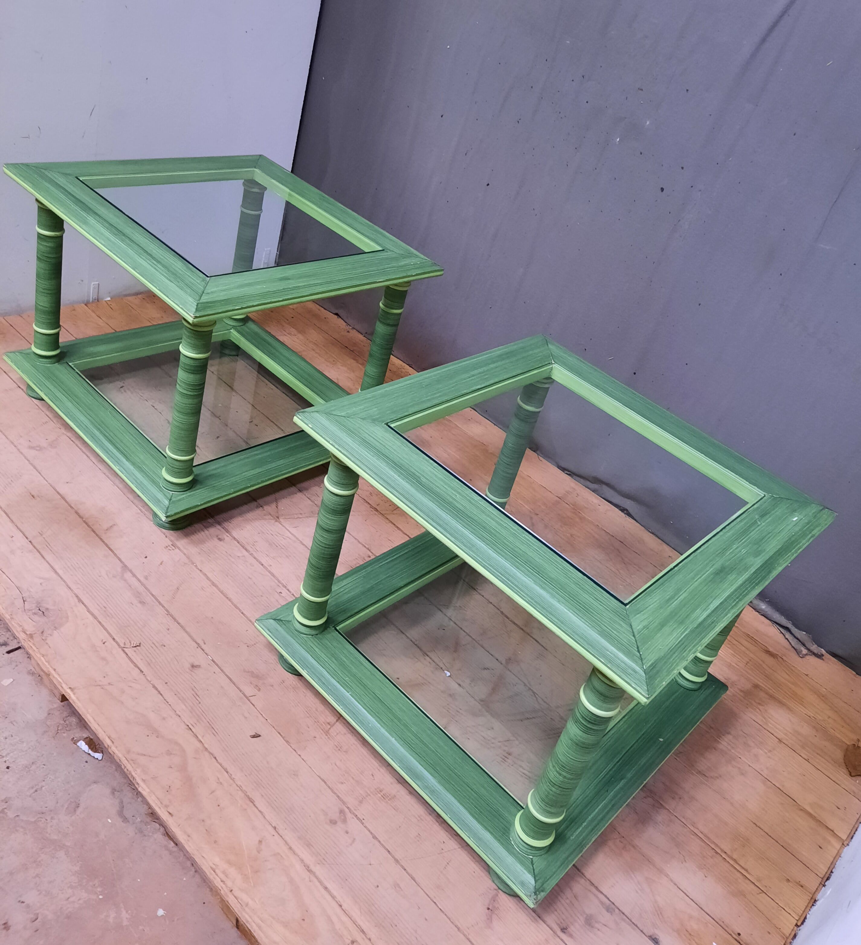 Pair of square sofa ends made of green ceruse wood