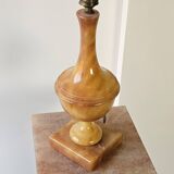 Vintage Neoclassical Alabaster Column and Lamp with Silken Lampeshade-60s