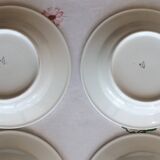3 Pillivuyt white porcelain dinner plates with blue edging.