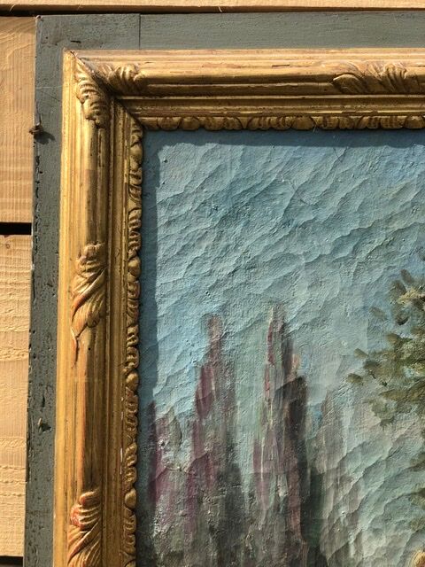 Trumeau mirror painting scene gallant gilded wood