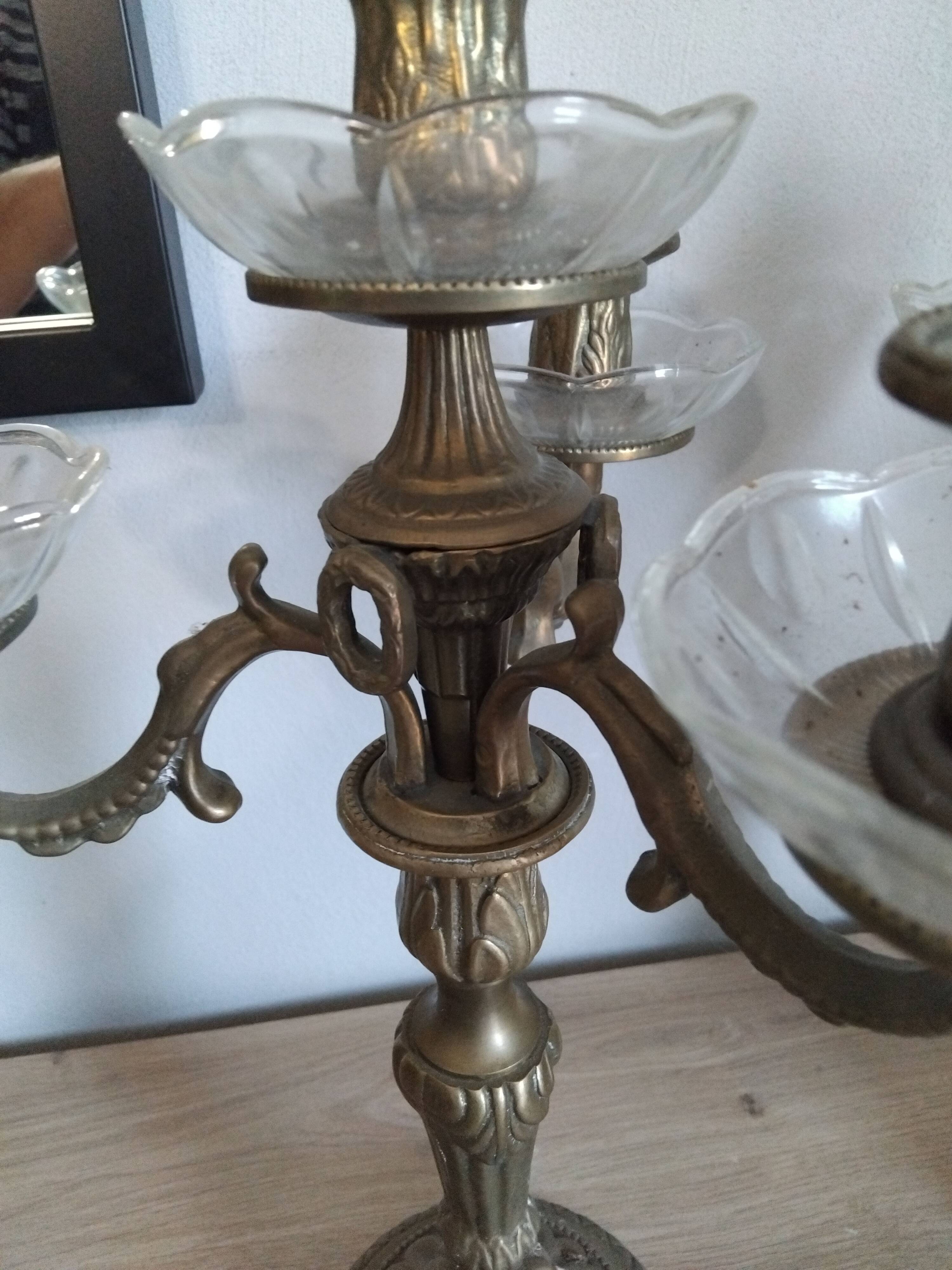 Pair of candelabra candle holders in bronze and glass louis xvi