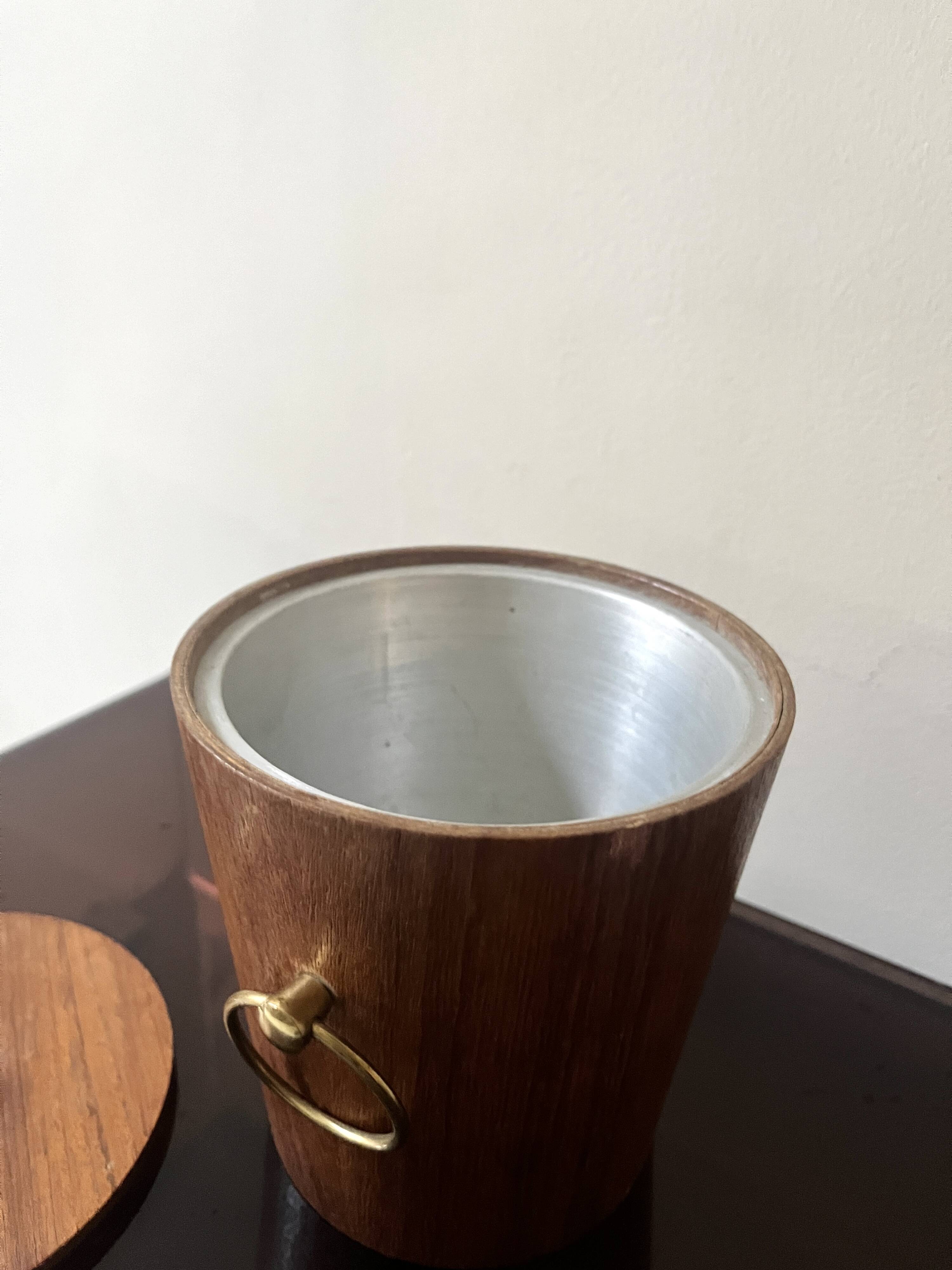 Danish teak wood ice bucket with brass handles, 1950s design