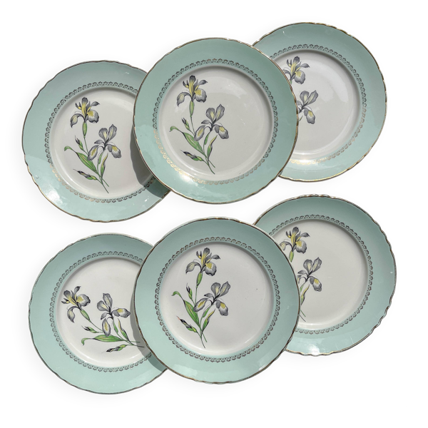 6 assiettes plates porcelaine vintage blanche verte Iris Moulin des Loups ''Sargosse'' 1950s