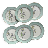 6 vintage white and green porcelain dinner plates Iris Moulin des Loups "Sargosse" 1950s