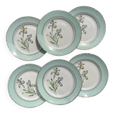 6 assiettes plates porcelaine vintage blanche verte Iris Moulin des Loups "Sargosse" 1950s