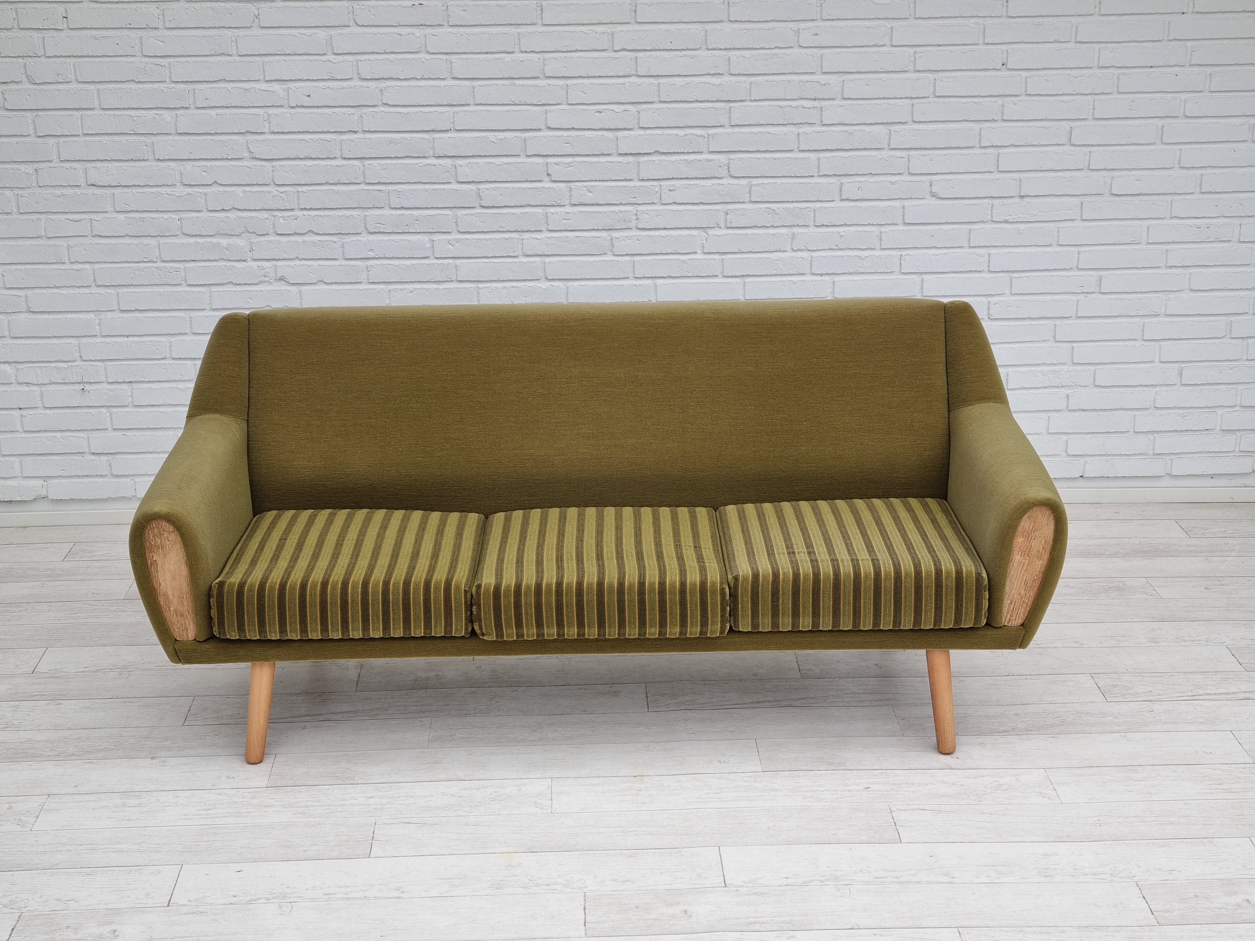 1970s, Danish 3-seater sofa, original very good condition, green furniture fabric, oak