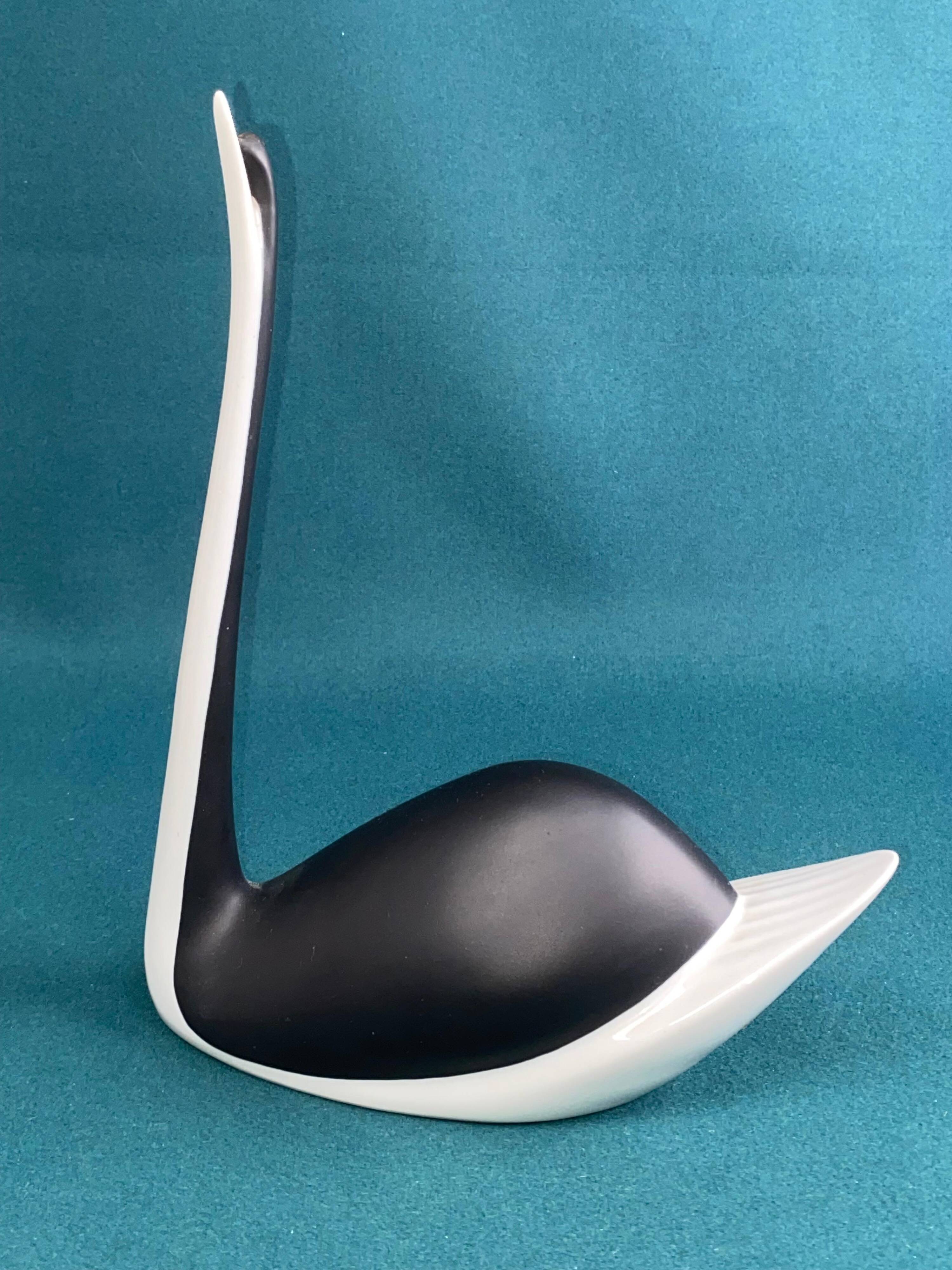 Black and white porcelain swan figurine from Czechoslovakia by Jaroslav Jezek Royal Dux 1960s