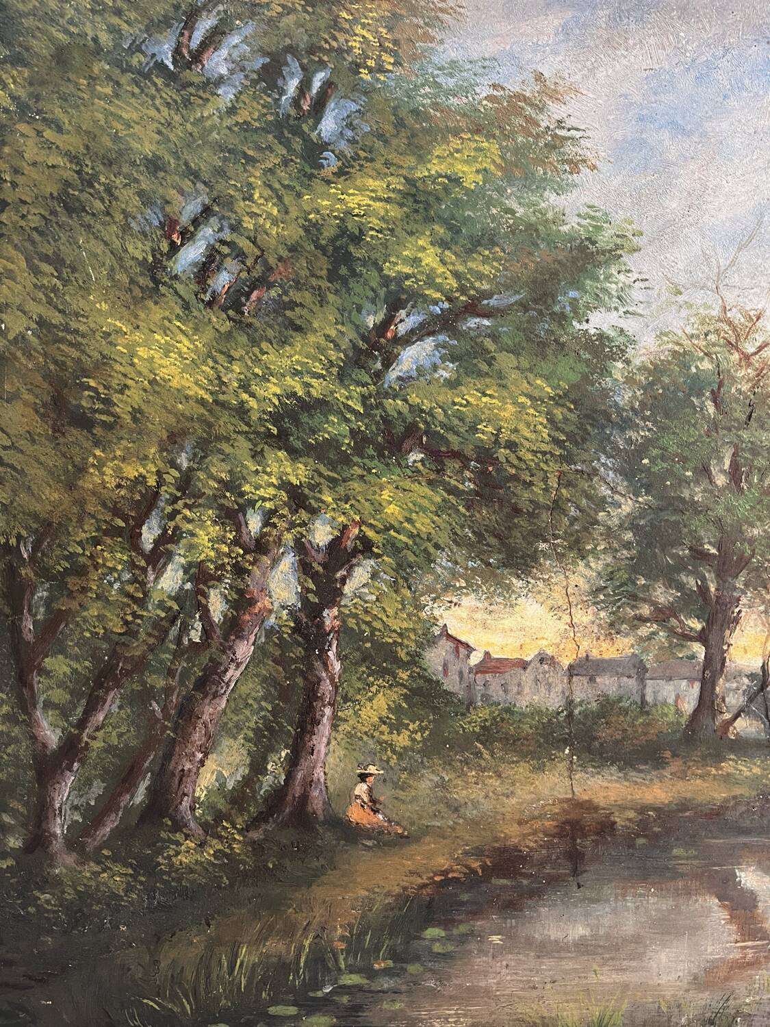 Old oil painting on canvas of a landscape by the pond.