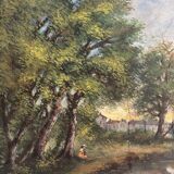 Old oil painting on canvas of a landscape by the pond.