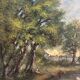 Old oil painting on canvas of a landscape by the pond.