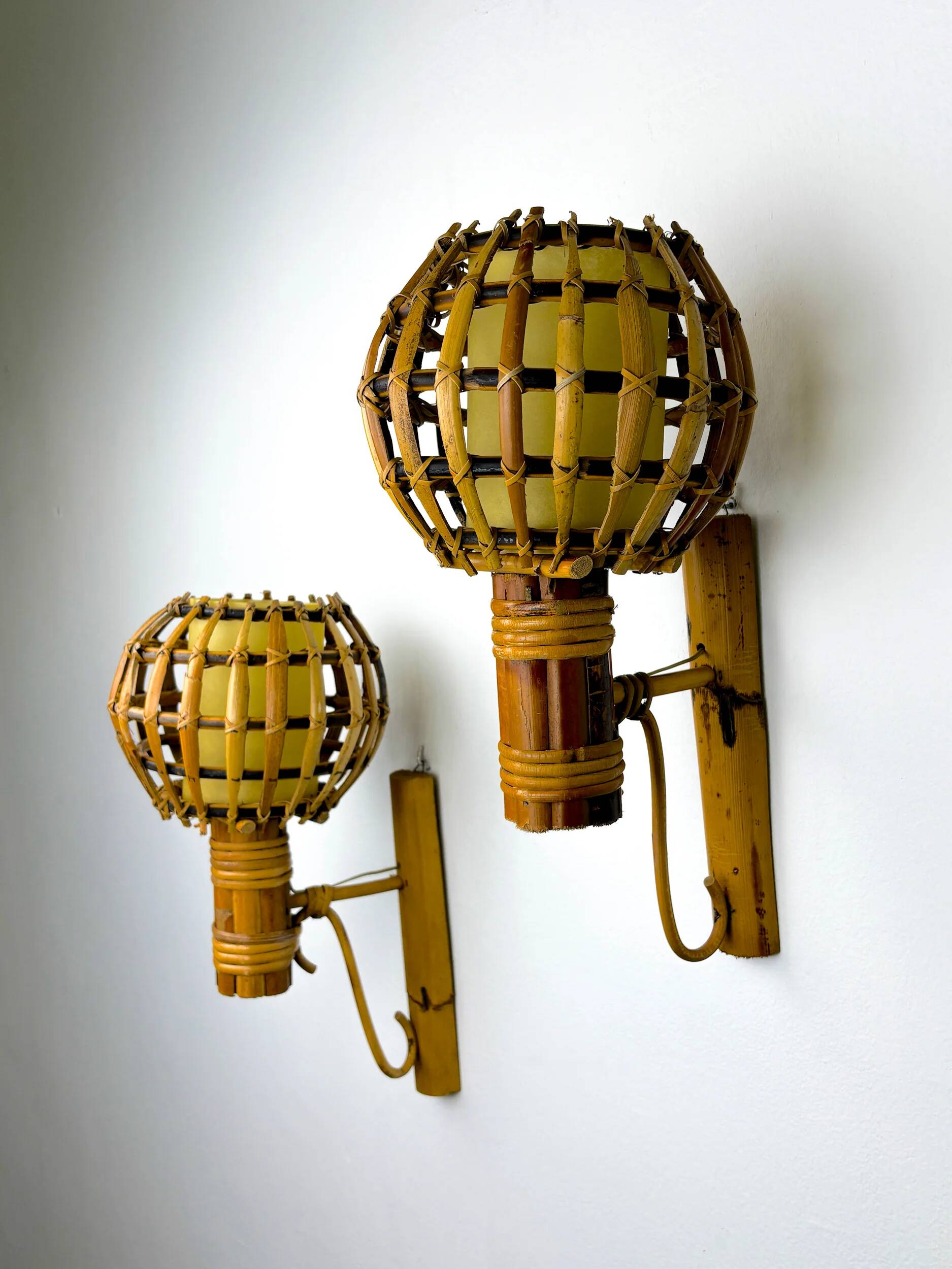 Pair of mid-century rattan wall sconces, Italy 1970s