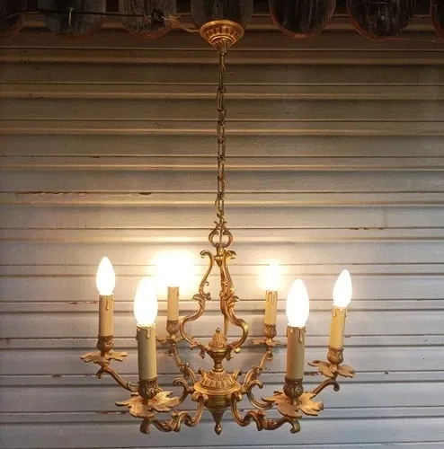 Antique cage chandelier in bronze, 6 lights, Louis XV style, in working condition, 4.8 kg.