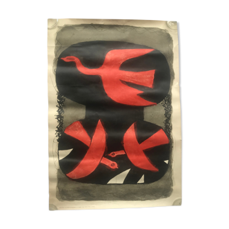 Affiche Georges Braque litho offset 1956 - Trois oiseaux rouges -