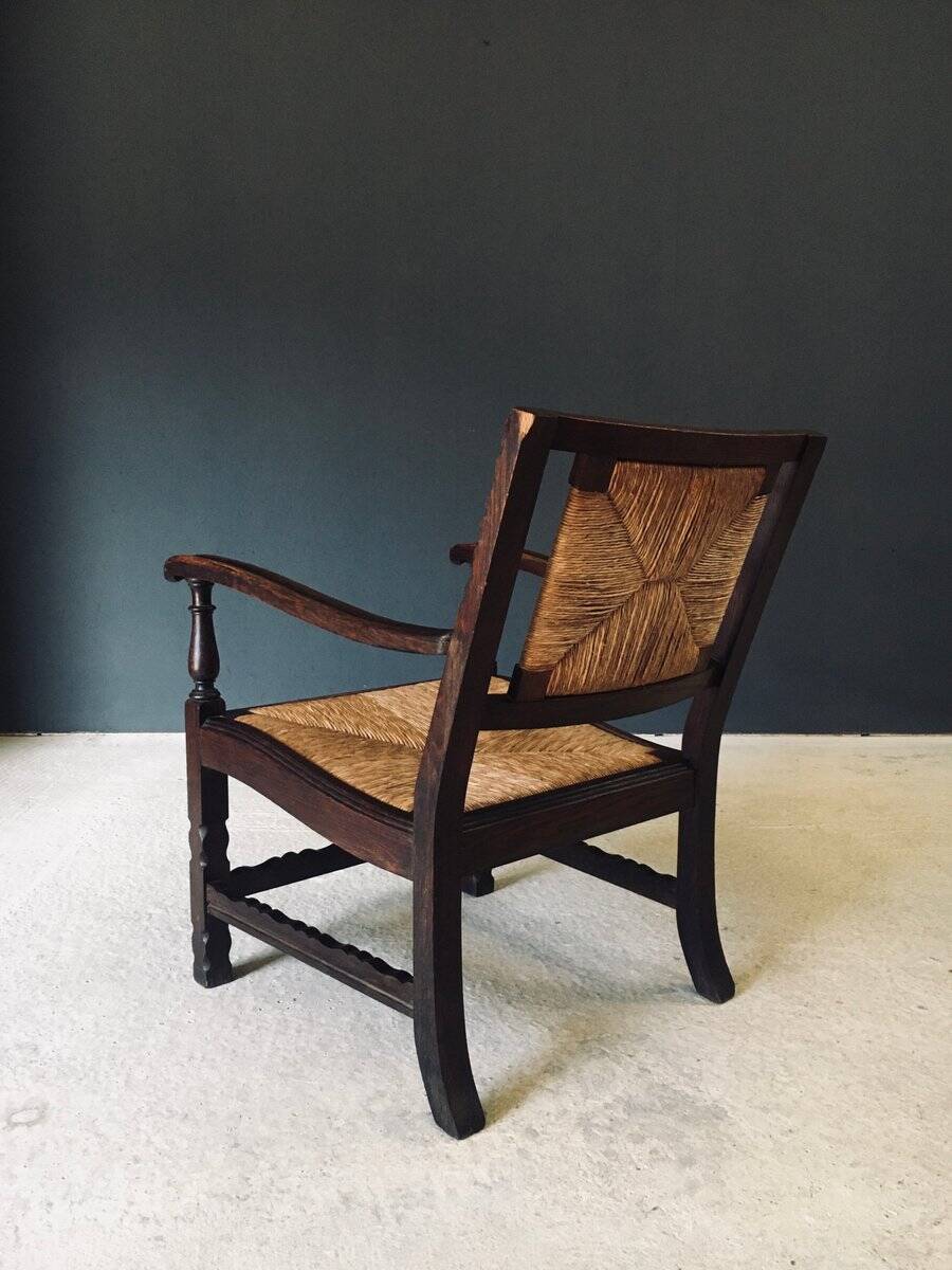 Low Arts & Crafts Oak & Rush Armchair, Belgium 1920s